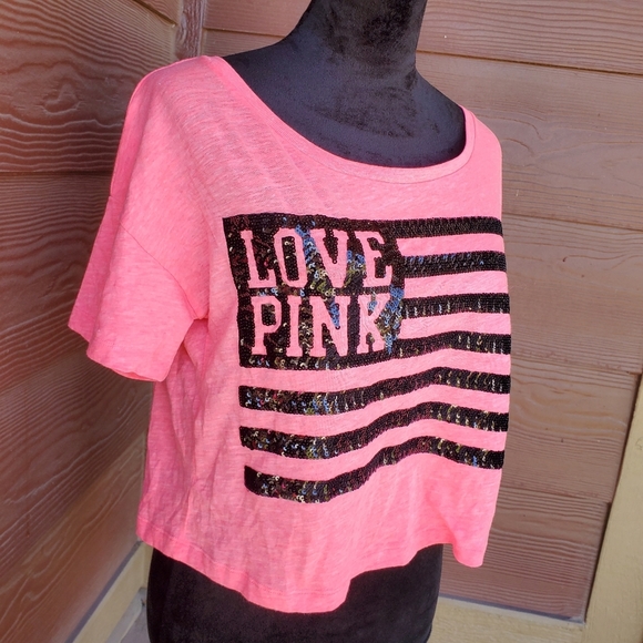 PINK Victoria's Secret Sequin Flag Oversized Neon Cropped Tee T-Shirt XS NWOT - Picture 1 of 16